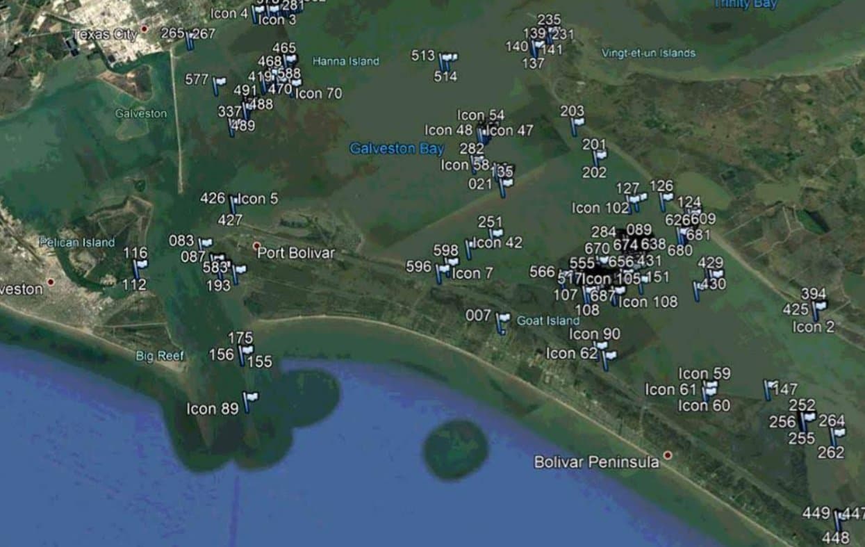 Satellite map of Galveston Bay and Bolivar Peninsula marked with numbered fishing spots